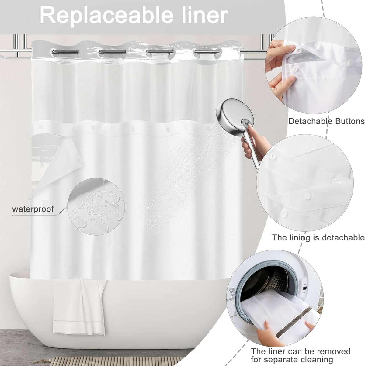 No Hook Shower Curtain and Liner Set, Grey and White Striped Hotel Shower Curtains for Bathroom, Minimalist Waterproof Bathroom Curtain Sets with Snap in Liner Mesh Top Window, 71x74 Inch