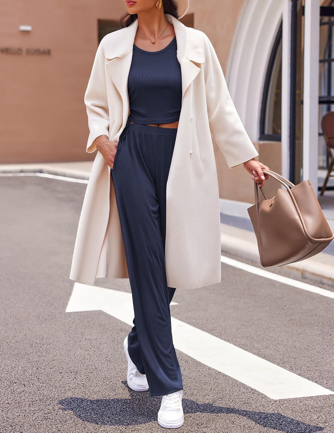 Ekouaer Women's 3 Piece Lounge Set Pajama Long Sleeve Cardigan Sleeveless Top Pants Sweatsuit S-XXL