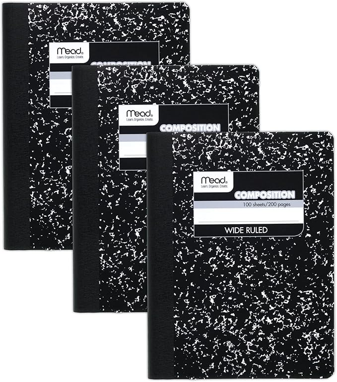 Mead Composition Notebooks, 3 Pack, Wide Ruled Paper, 9-34" x 7-12", 100 Sheets per Comp Book, Black Marble (38301)