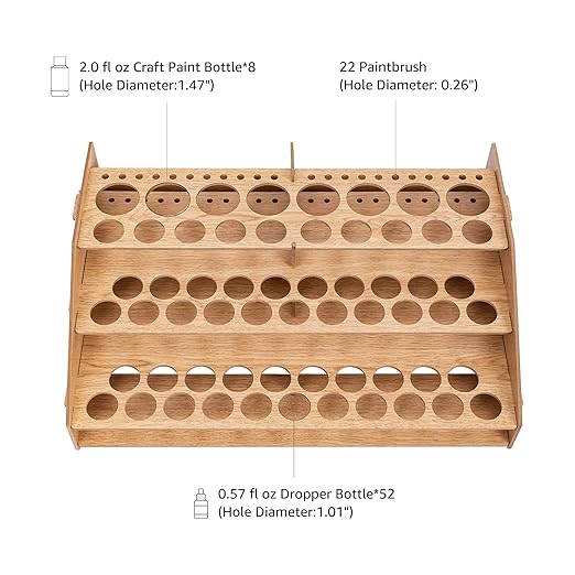 Basics Craft Paint Brush Organizer Rack, Holds up to 60 Bottles (52 1-inch and 8 1.47-inch) and 22 brushes - 14 x 8 Inches, Wood Finish, Light brown, 14.1 x 9.6 x 4.3