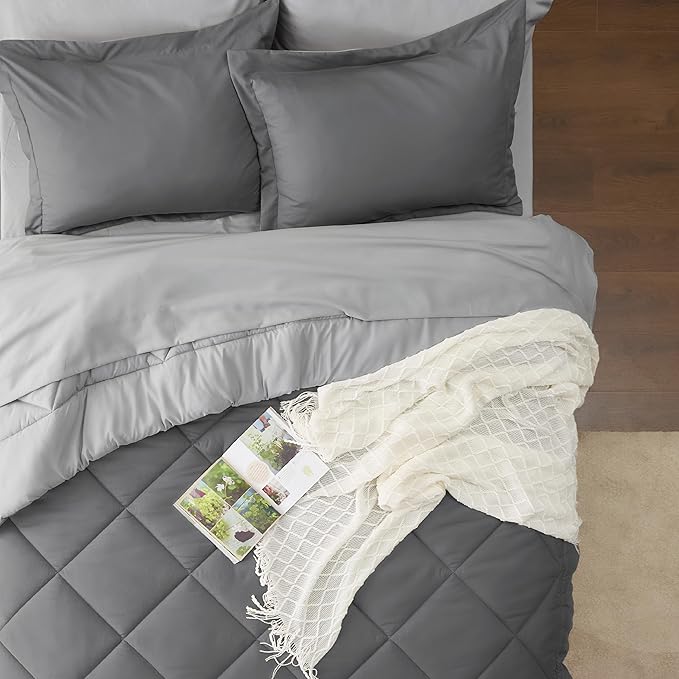 Bedsure Queen Comforter Set - 7 Pieces Reversible Dark Grey Bedding, Queen Size Bed Set for All Seasons, Bed in a Bag with Down Alternative Comforter, Sheets, Pillowcases Shams