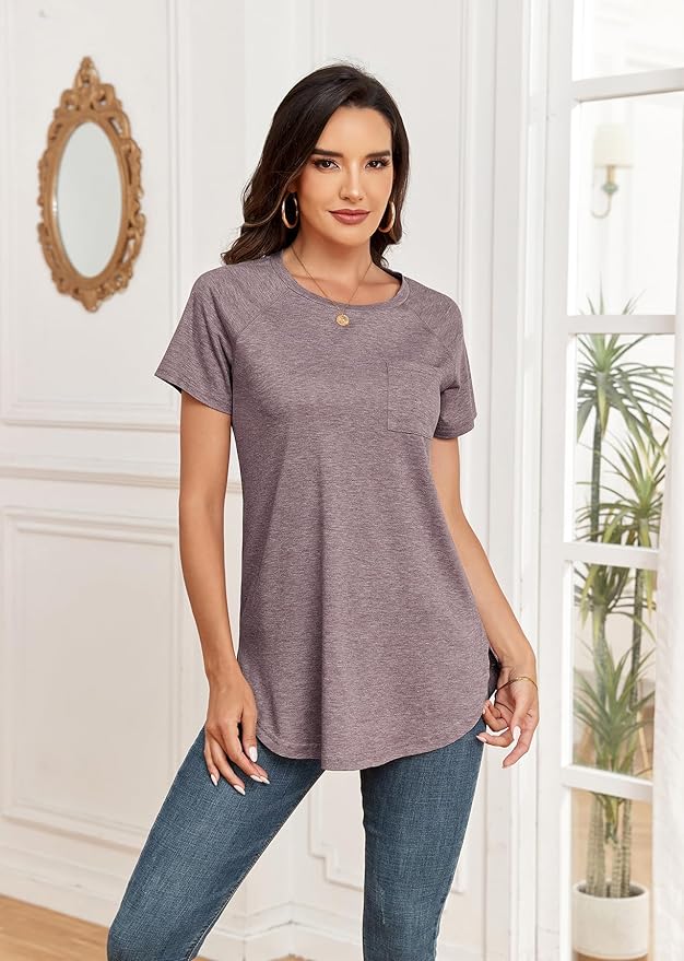Newchoice Women's Short Sleeve Tunic Tops Casual Round Neck Loose Summer Basic Shirts With Pockets