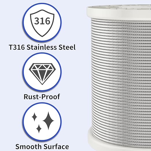 LuckIn 18" Stainless Steel Cable 300FT, T316 Aircraft Cable for Railing, Decking Outdoor Projects - Uncoated Marine Grade