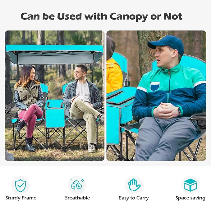 Goplus Double Beach Chair with Canopy Shade, Folding Lawn Camping Chairs with Sunshade Mini Table Beverage Holder Carrying Bag for Outdoor Travel Hiking Fishing Poolside