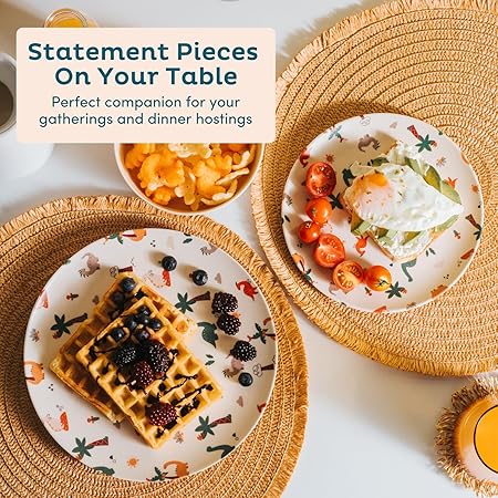 Nook Theory 4 Pack Reusable Bamboo Plates - Non-Toxic Toddler and Kids Plate, Dishwasher Safe, Not Microwavable Dinnerware (Dino 10")
