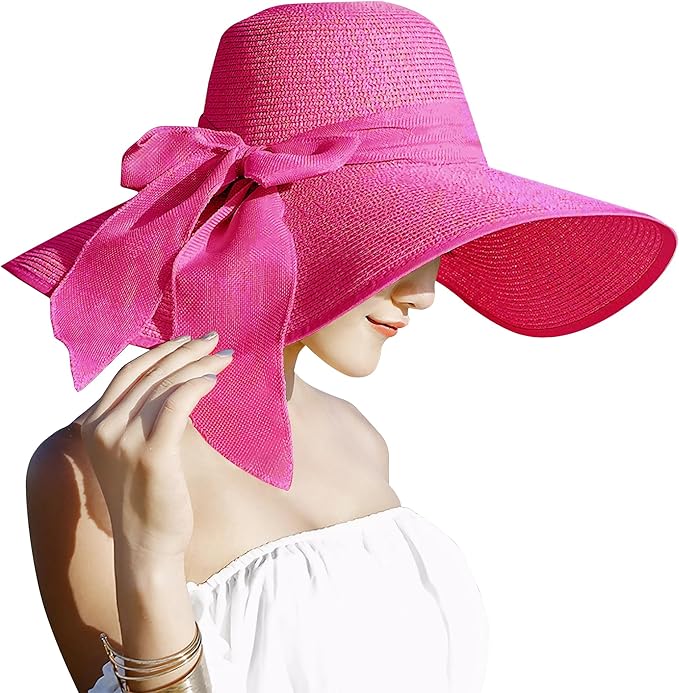 Lanzom Womens 5.7 Inches Big Bowknot Straw Hat Large Floppy Foldable Roll up Beach Cap Sun Hat UPF 50+