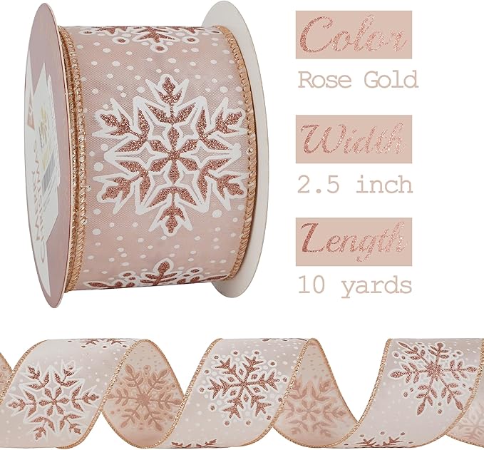 MEEDEE Snowflake Ribbon with Rose Gold Glitter - Wired, 2.5 Inch, Pink Rose Gold Christmas Ribbon for Tree, Garlands, Wreaths, Gift Wrapping (10 Yards)