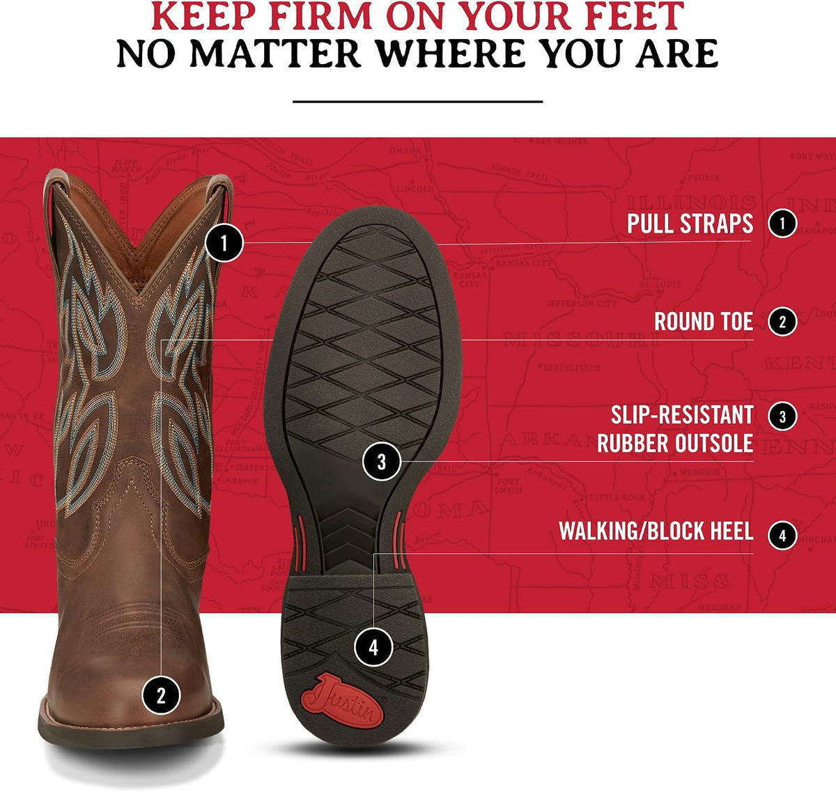 Justin Rendon 11" Western Boot - Men's Round Toe, Cowhide, Removable Orthotic Insole, Slip-Resistant Rubber Outsole