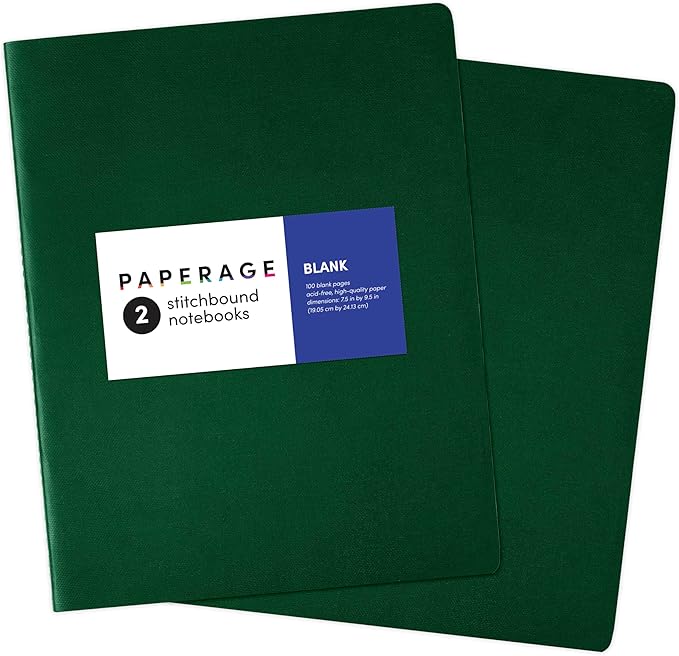PAPERAGE Soft Cover Blank Journal Notebook, 2 Pack, (Dark Green), 100 Pages, Large 7.5 inches x 9.5 inches, Ideal for Sketch Book, Note Taking & Travel Journal