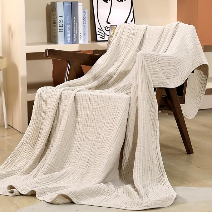 Yoofoss Muslin Blanket 100% Organic Cotton Throw Large 50" x 60" for Bed Couch Summer Gauze Blanket for Adults Lightweight and Breathable Apricot White