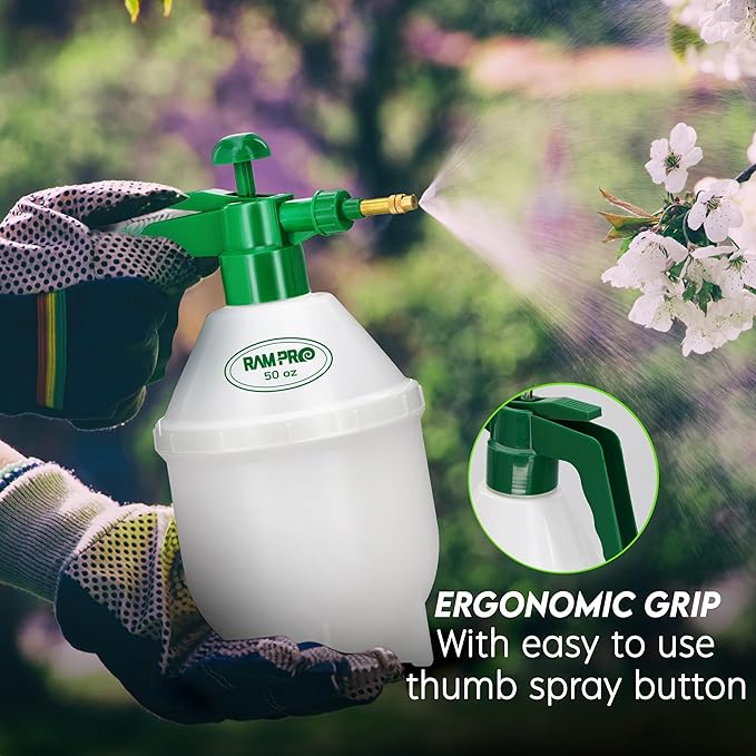 Garden Pump Sprayer, Handheld Bottle Mist Water Sprayer, Hand Pressure Home Cleaning Plant Lawn Sprayer w/Safety Valve & Adjustable Bronze Nozzle, 1.5 Liter/.4 Gallon/50Ounces –by Rampro