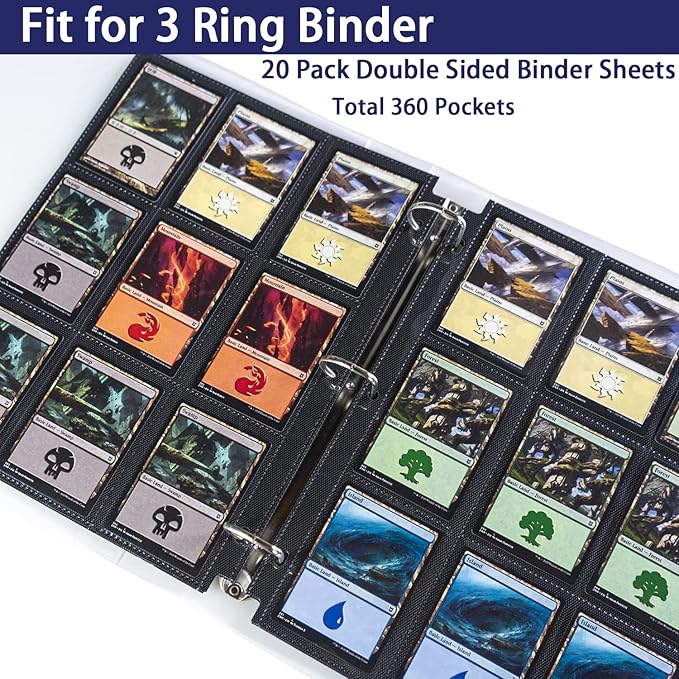 20 Pack 360 Pockets Black Trading Card Sleeves Binder Sheets, Double Sided Thicken Game Card Sleeves for 3 Ring Binder, 9 Pocket Side Loading Page Protector for MTG, Yugioh, Game, Baseball Cards