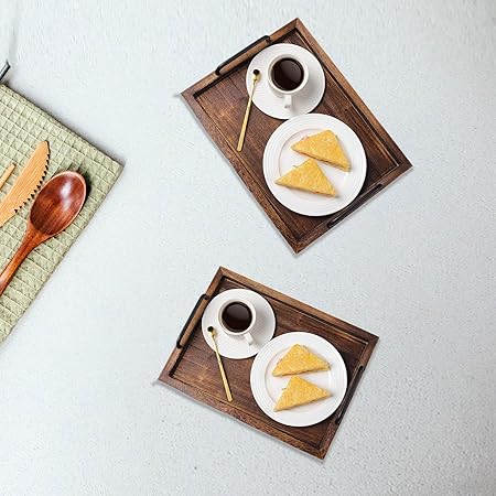 2Pcs Rustic Wooden Serving Trays Farmhouse Decor Multipurpose Rectangular Serving Platters with Handles for Food Tea Coffee, black brown