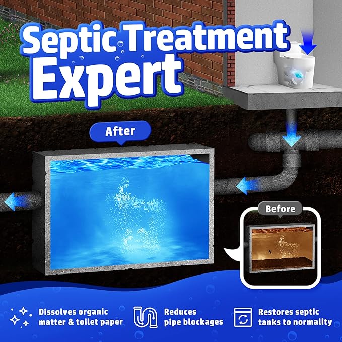 Vacplus Septic Tank Treatment 12 Pcs for 1-Year Supply, Dissolvable Packs with Easy Operation, Durable Biodegradable Enzymes for Wastes, Greases Odors, Blue, 2X Efficiency