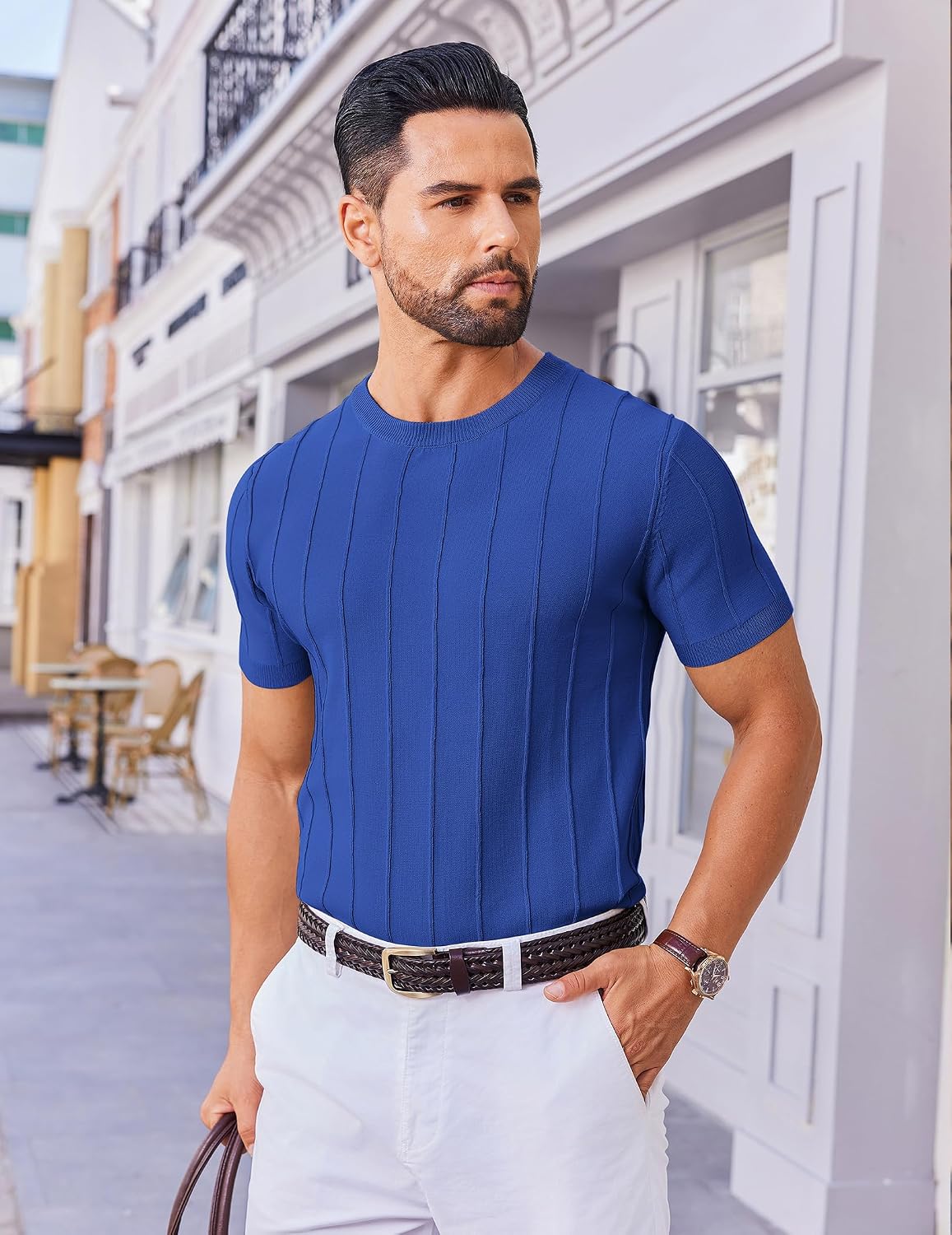 COOFANDY Men's T- Shirts Short Sleeve Knit Sweater Shirt Casual Crewneck Ribbed Pullover Tees.