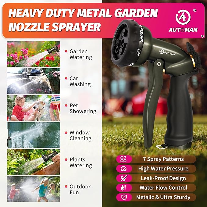 AUTOMAN Garden Hose Nozzle - 7 Patterns Sprayer, 100 Metal High Pressure Spray Nozzle, Labor-Saving Design, Heavy Duty Water Hose Nozzle for Garden Watering, Car Washing, Window Cleaning,Pets Bathing
