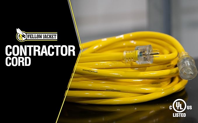 Yellow Jacket Extra Heavy Duty Extension Cord, 100Ft, 10 Gauge, 3 Conductor, Lighted End, Weather Resistant, SJTW, Yellow, 2806