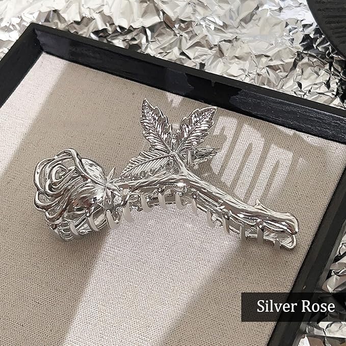 Elegant Rose Metal Non-Slip Hair Claw Clips for Thin and Thick Hair - Fashionable Flower Hair Accessories for Women and Girls (Silver Rose)
