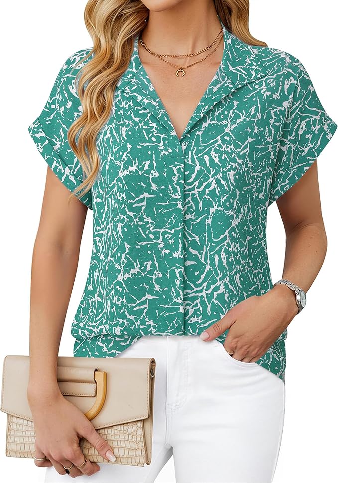 Timeson Women's Short Sleeve Chiffon Blouses for Office Work Business Attire Collared Shirts