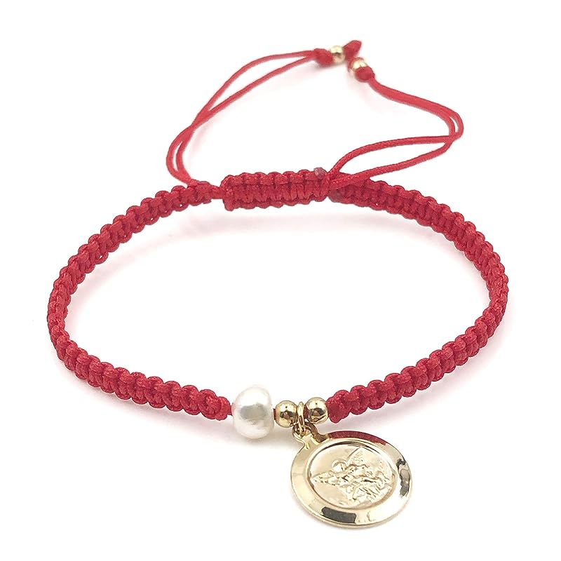 Handwoven Red Thread with Saint Michael Archangel Medal and Cultured Fresh Water Pearl - Catholic Protection Bracelet Adjustable Size for Women