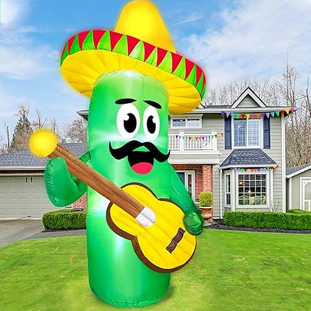 TURNMEON 8 Ft Tall Inflatable Cactus Mexican Fiesta Party Decorations with Taco Sombreros Guitar LED Lights Blow Up Mexican Day of The Dead Fiesta Party Favors for Yard Lawn Dia de Los Muertos Decor