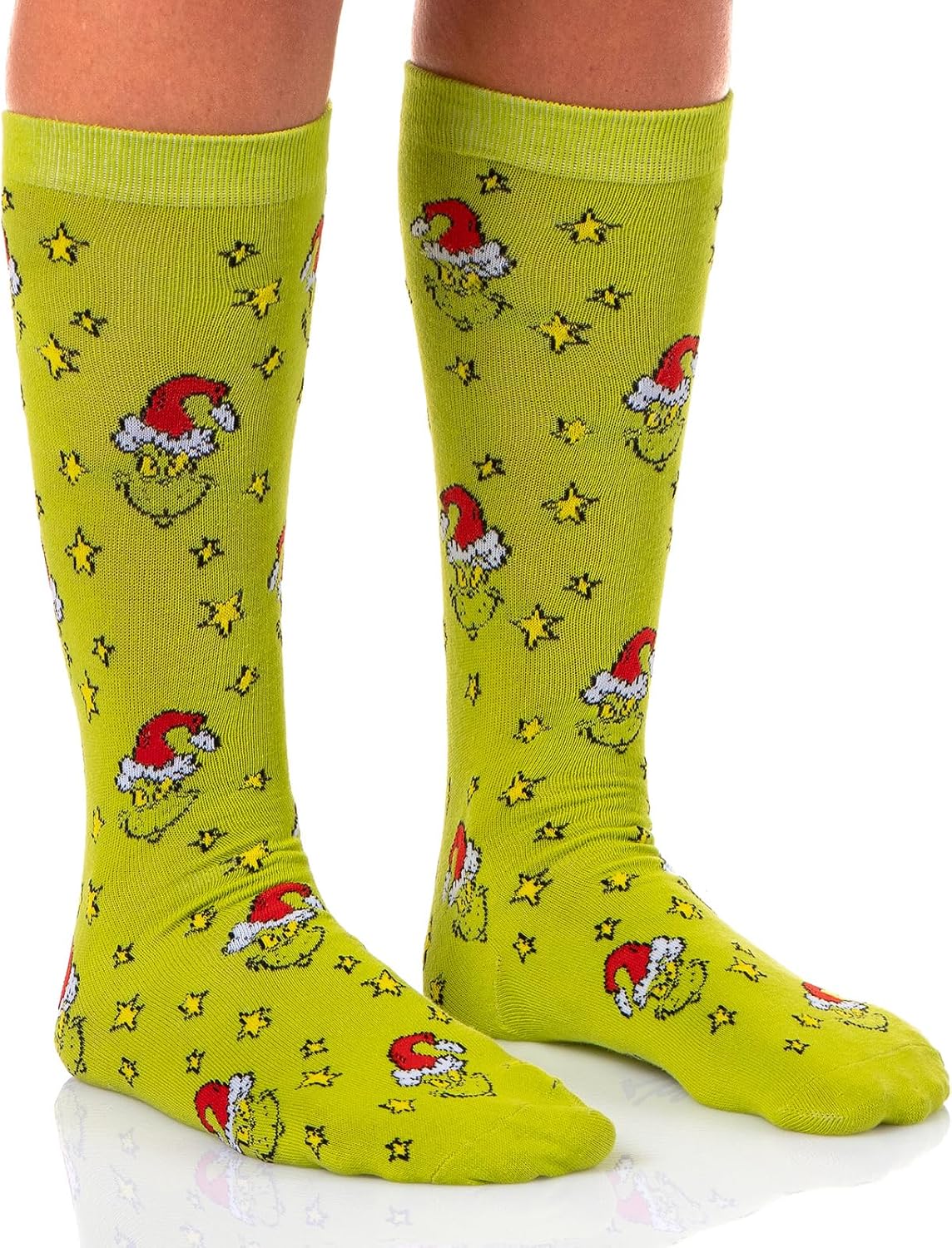 Large Size, MJC Dr. Seuss The Grinch Women's Pullover Hooded Plush Fleece Adult Pajama Dorm Sleep Shirt With Knee High Socks.