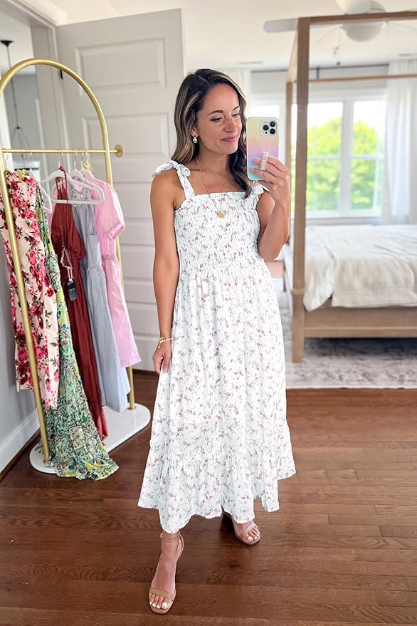 Imily Bela Womens Summer Dress Tie Strap Boho Floral Square Neck Smocked Ruffle A Line Beach Maxi Dresses
