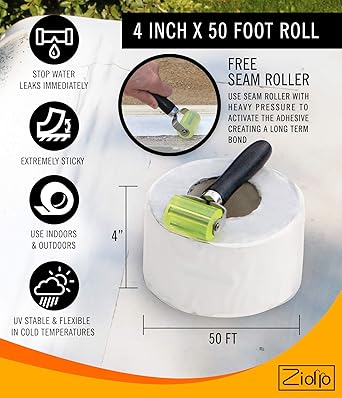 Ziollo RV Flex Repair Tape - Roof Seam Tape to Seal and Waterproof, Bond to EPDM Rubber with Butyl Sealant, Seal Vents and Skylights on Motorhomes, Trailers, Campers (White, 4-inch x 50 Foot Roll)