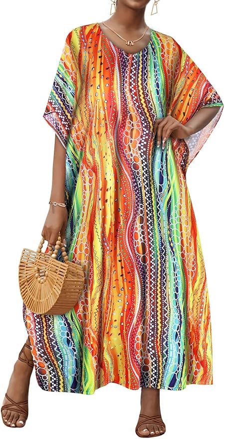 Kaftan Dresses for Women V Neck Caftan Long Batwing Sleeve Swimsuit Cover Up Beach Swimwear