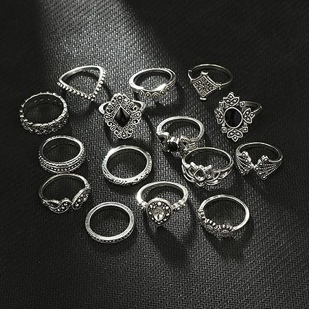 15Pcs Knuckle Rings, Bohemian Style Ladies Ring Rhinestone Inlay Non-fading Jewelry Opening Ring for Women Silver 1.7cm0.67"
