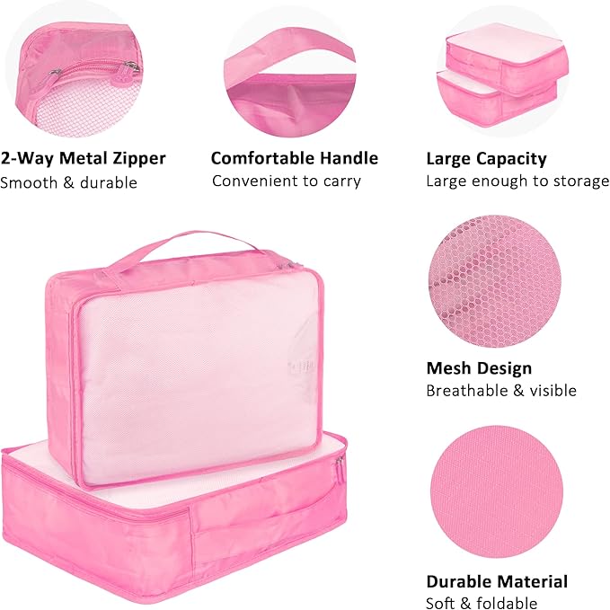 Packing Cubes Set, 2 Pcs Packing Organizers Set for Suitcases (Pink)