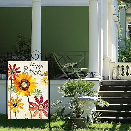 Summer Flowers House Flags for Outdoor, Hello Sunshine Sunflower Daisy Yard Flags for Outside,Seasonal Decorative Flag for Farmhouse Holiday Decoration 28x40 Inch Double Sided