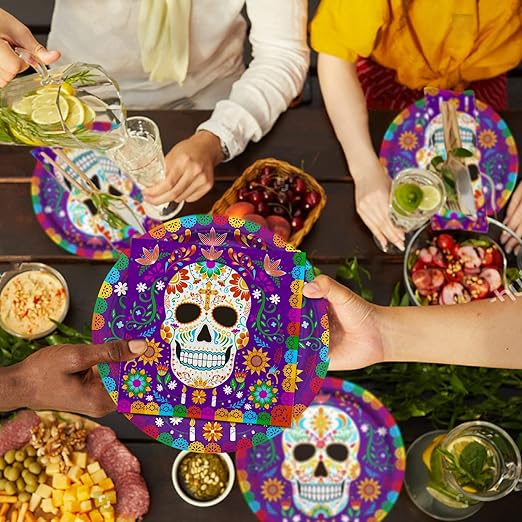 Day of the Dead Party Supplies Kit Serve 25, Includes Disposable Sugar Skull Dinner Plates, Dessert Plates, Napkins, Cups and Tablecloth, DÃa de los Muertos Party Decorations