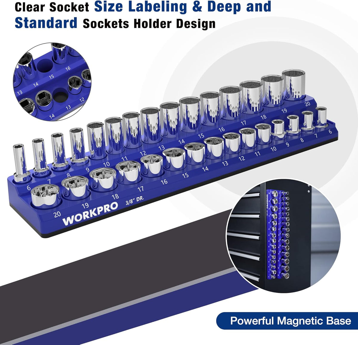 WORKPRO 3/8" Metric Magnetic Socket Organizer, Holds 30 Pieces, Standard & Deep Sockets (Sockets Not Included)