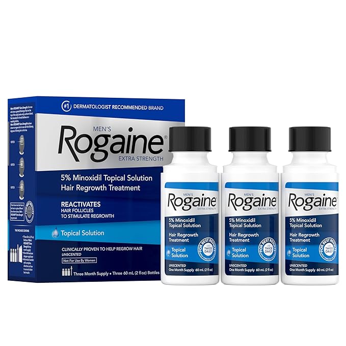 Men's Rogaine Extra Strength 5 Minoxidil Topical Solution for Thin Hair, Hair Loss Treatment to Regrow Fuller, Thicker Hair, 3 Month Supply, 3 Bottles