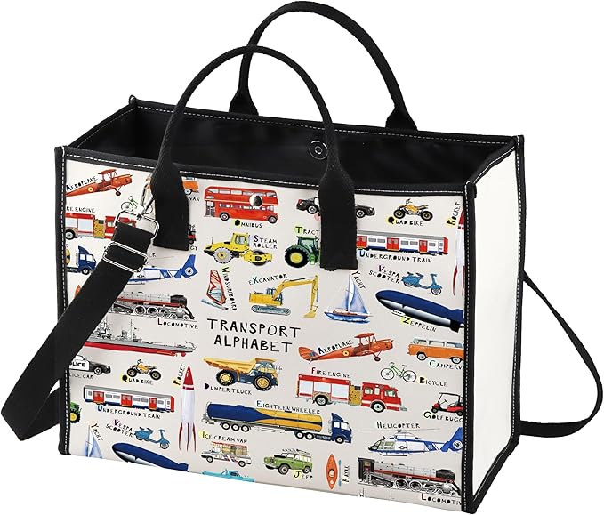 LEVLO Transport ABC Canvas Tote Bag Vehicle Alphabet Gift Transport Alphabet Shoulder Bag Car A-Z Merchandise