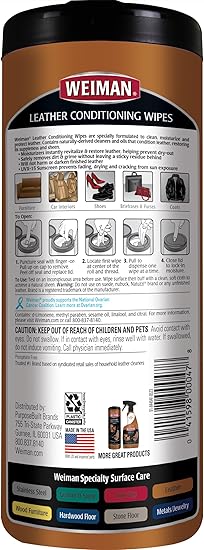 Weiman Leather Cleaner & Conditioner Wipes With UV Protection, Prevent Cracking Or Fading Of Leather Couches, Car Seats, Shoes, Purses - 30 ct