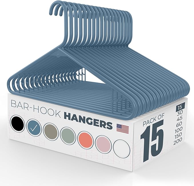 Made in USA Strong Clothes Hangers Bulk, 20-100 Pack Available, Heavy Duty Plastic Hanger for Closet and Clothing (15pk Blue)