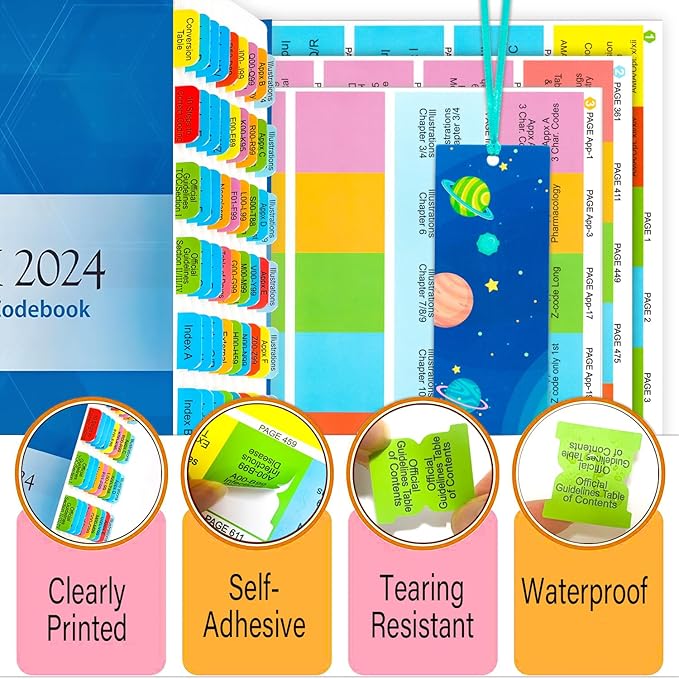 Index Tabs for AMA Version ICD-10-CM 2024 The Complete Official Codebook, 72 Printed Color-Coded and Laminated Tabs, with Page Markers and Alignment Guide & Bookmark (Book not Included)