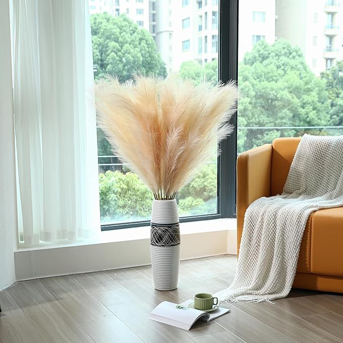 Champagne Faux Pampas Grass - 45-Inch Set of 8 | Boho Home Decor | Tall Artificial Pompas Floral Soft and Fluffy | Perfect for Wedding Centerpieces, Farmhouse and Baby Shower Decorations
