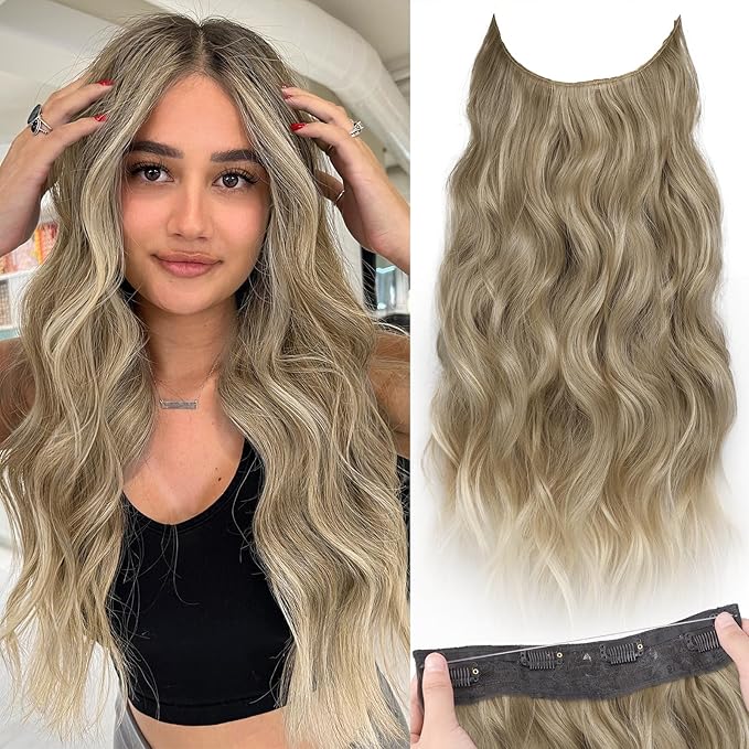 KooKaStyle Invisible Wire Hair Extensions with Transparent Wire Adjustable Size 4 Secure Clips Long Wavy Secret Synthetic Hairpiece 20 Inch for Women(Ash Brown mix Bleach Blonde)