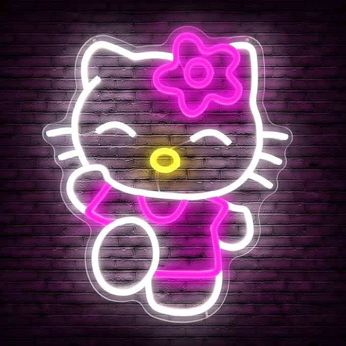 Hello Kit Neon Sign Dimmable Kitty Neon Sign Kawaii Cat Anime Neon Sign Kitty Room Decor Lights for Girl's Room Child Bedroom Birthday Halloween Christmas Gift 14.7AoAox12.5AoAo