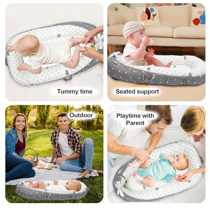 Baby Lounger for Newborn Cover - Newborn Lounger for 0-12 Months, Breathable Portable Infant Lounger - Adjustable Cotton Soft Baby Floor Seat for Travel, Newborn Essentials -Crown