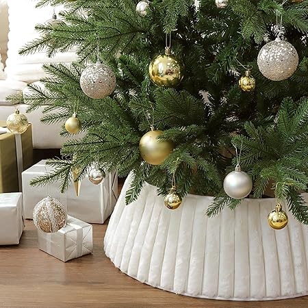 Christmas Tree Collar, Rustic White Luxury Plush Faux Fur Tree Collar with Stripe Textured Pattern, Soft Fluffy Xmas Tree Ring Boho Tree Skirt for Holiday Decorations Indoor Home Decor