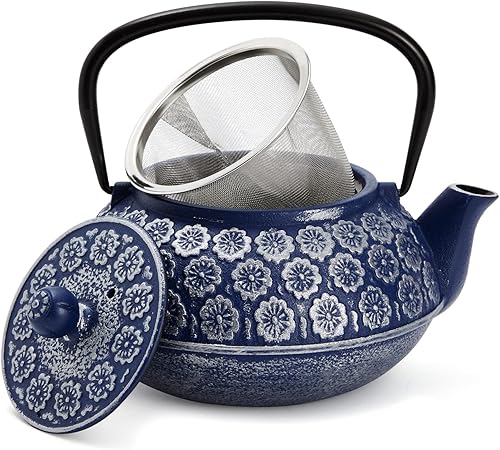 Japanese Cast Iron Teapot with Infuser for Loose Leaf and Tea Bags, Kettle Includes Handle and Removable Lid (Blue, 34oz)