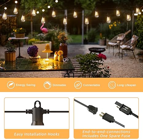 50FT LED Outdoor String Lights with 15 Shatterproof Edison Bulbs, 2700K Commercial Grade IP65 Waterproof Patio Lights, Heavy Duty Outside Hanging Lights for Backyard, Balcony, Garden, Porch