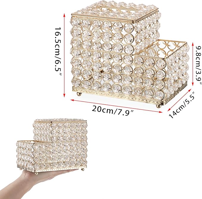 Sumnacon Square Crystal Tissue Box Cover -Sparkling Cube Tissue Box with Side Organizer,Decorative Tissue Holder for Living Room Vanity Night Stand Desk Countertop Office, Gold