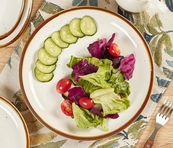ONEMORE Ceramic Plates Set of 6, 8.5 inch Small Dinner Plates for Appetizer, Salad and Dessert. Oven, Microwave and Dishwasher Safe Plate. Rustic Kitchen Porcelain Dish - Cream White