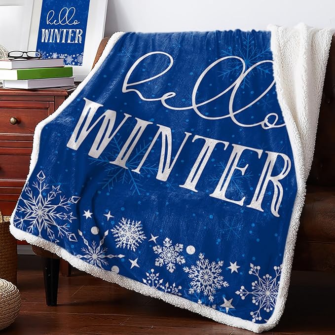 Cozy Christmas Throw Blanket for Couch Winter Reversible Sherpa Blanket Christmas Hello Winter Snowflakes Blue Throw Blankets for Sofa Bed,40x50 in Fleece Blanket