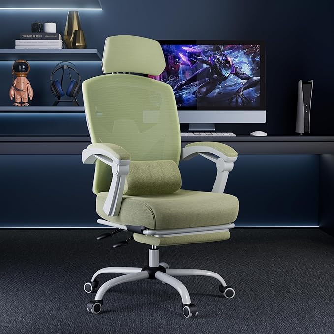 DUMOS Home Office Desk Chair with Footrest, High-Back Mesh Rolling Swivel Reclining Chairs with Wheels, Comfortable Headrest, Lumbar Support, Comfy Arms for Home, Office, Gaming, Student, Green